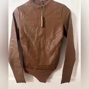 NWT SKIMS Faux Leather Long Sleeve Bodysuit in Jasper